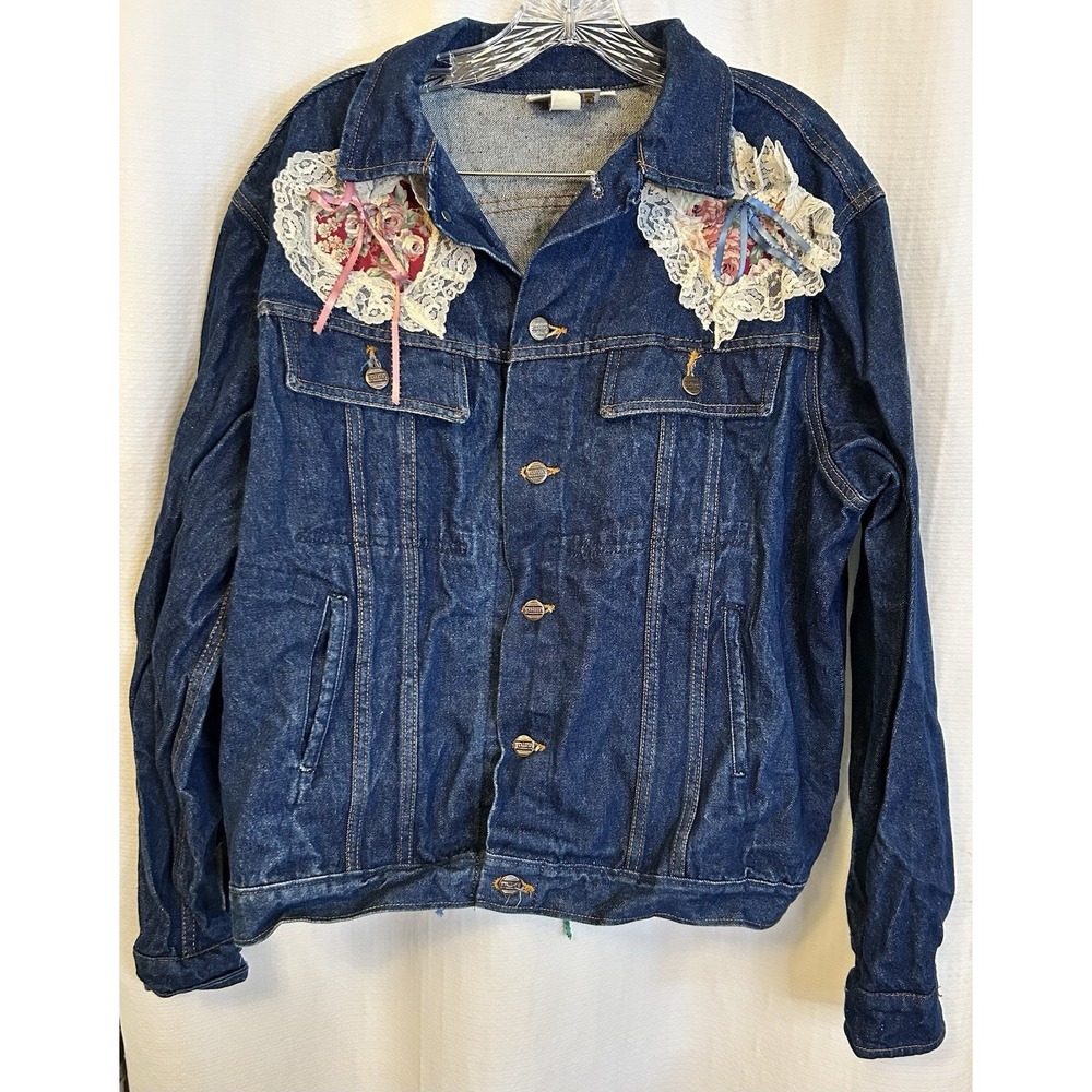 VTG Oversized Denim Jacket W/ Floral & Lace Appliqués Size 46 R Boho Grandmacore